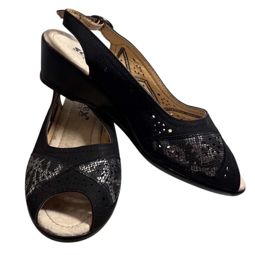 Soflex Italy Sandals Womens Size 6 Peep Toe Slingback Wedge Black Silver